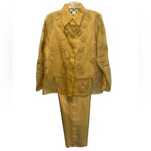 Silk 3 Piece Pants Outfit Sheer Blouse Pants Tank Top Mustard Yellow Embroidered